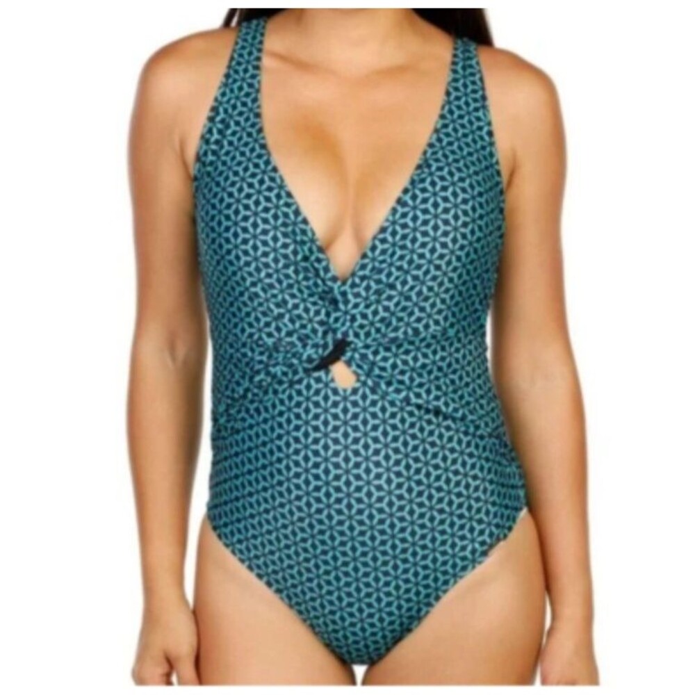 Nicole Miller 1 Piece Twist Front Tile print  Swimsuit in Teal/Black, Size M NWT